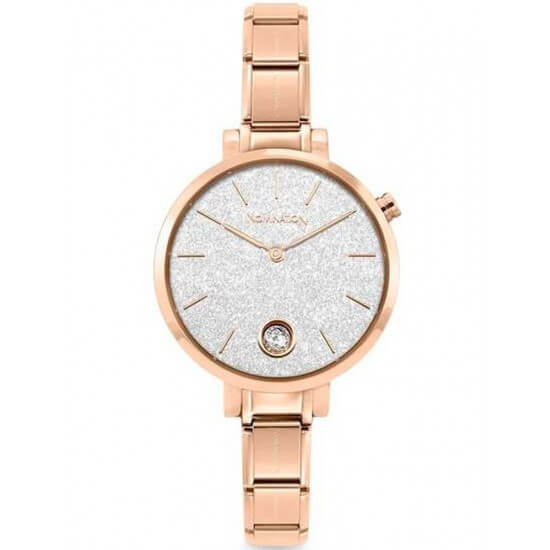 Composable Paris Watch With Rose Gold Tone Round Silver Glitter & CZ Dial