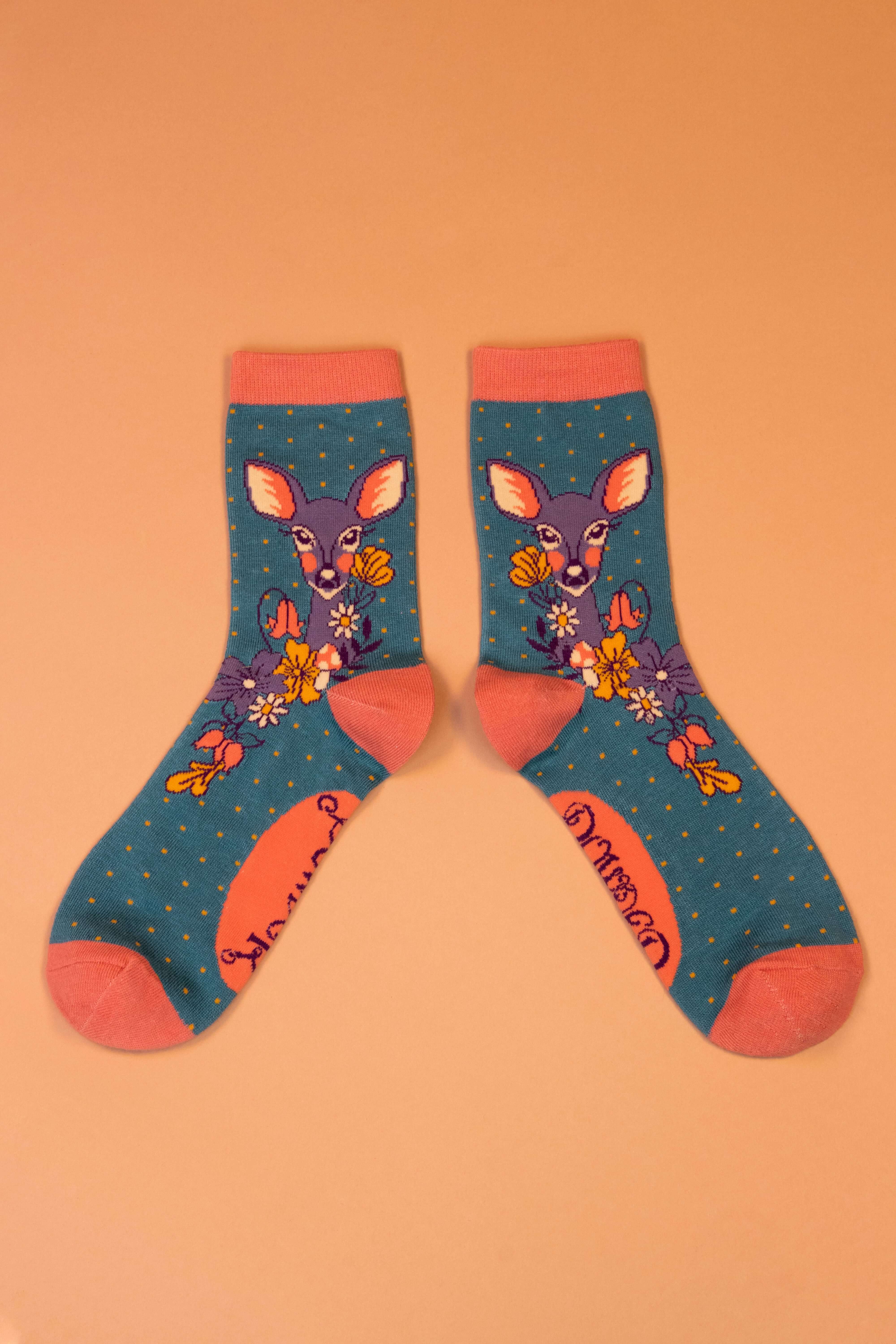 Floral Deer Ankle Socks- Teal