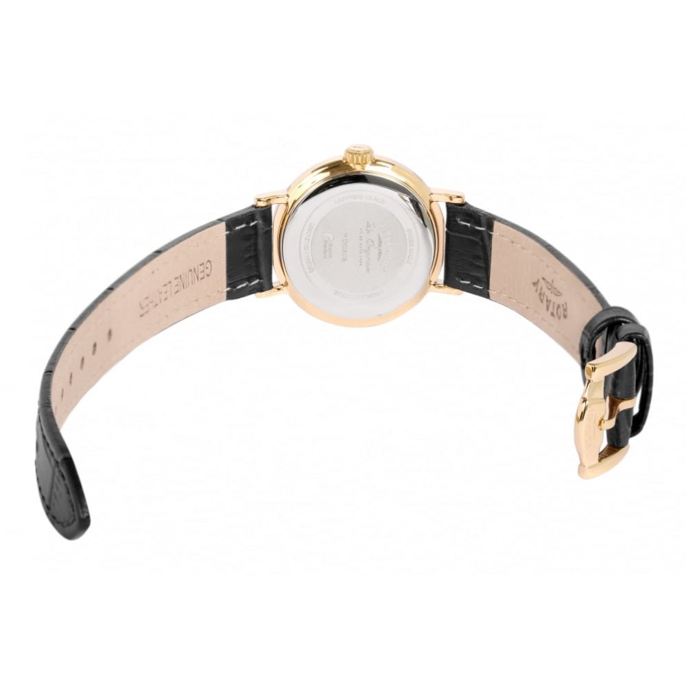 Ladies Gold Plated Black Leather Watch