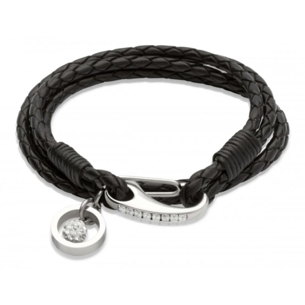 Black Leather Bracelet Steel/CZ Clasp - Steel Charm Crystal