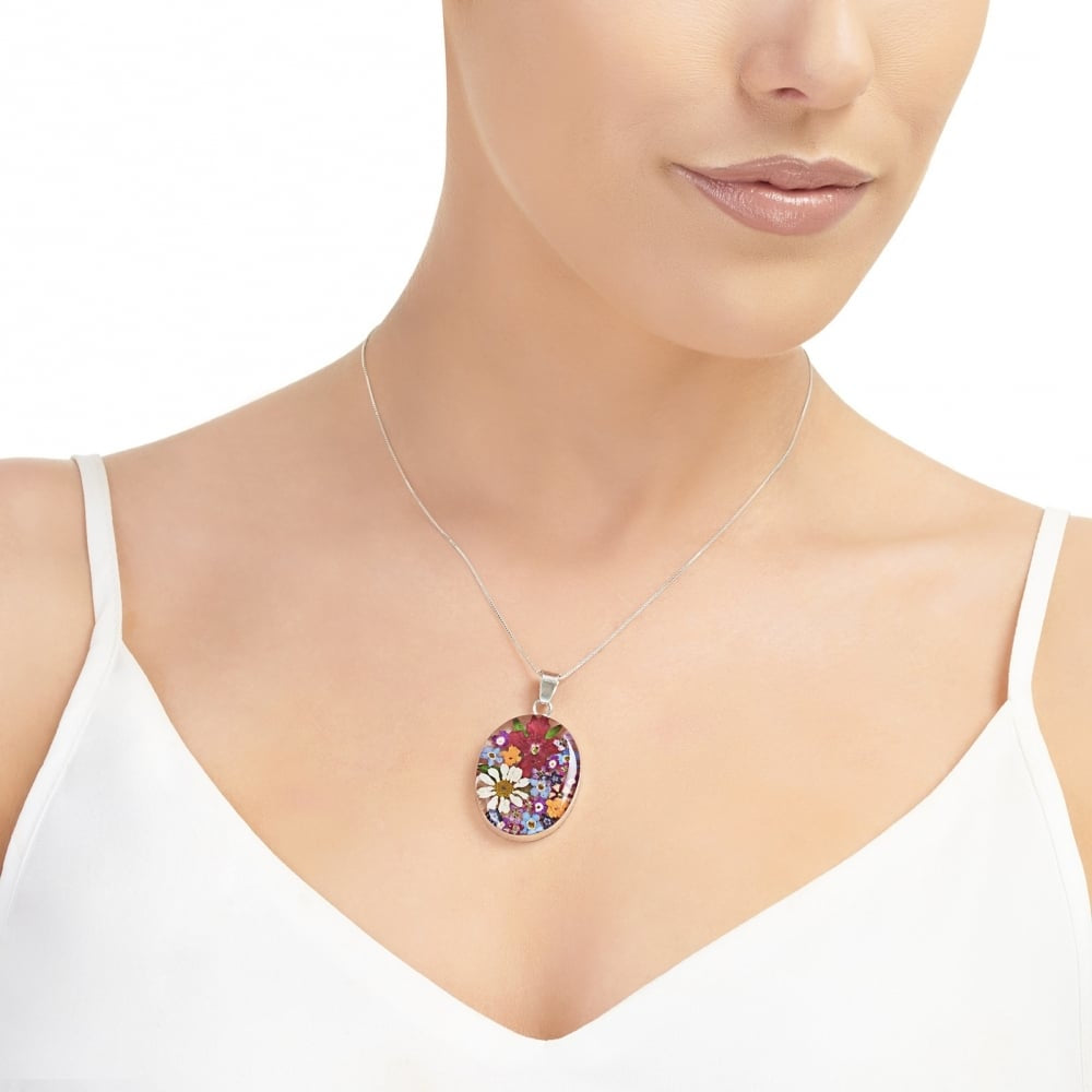 Silver Pendant - Mixed Flower - Oval