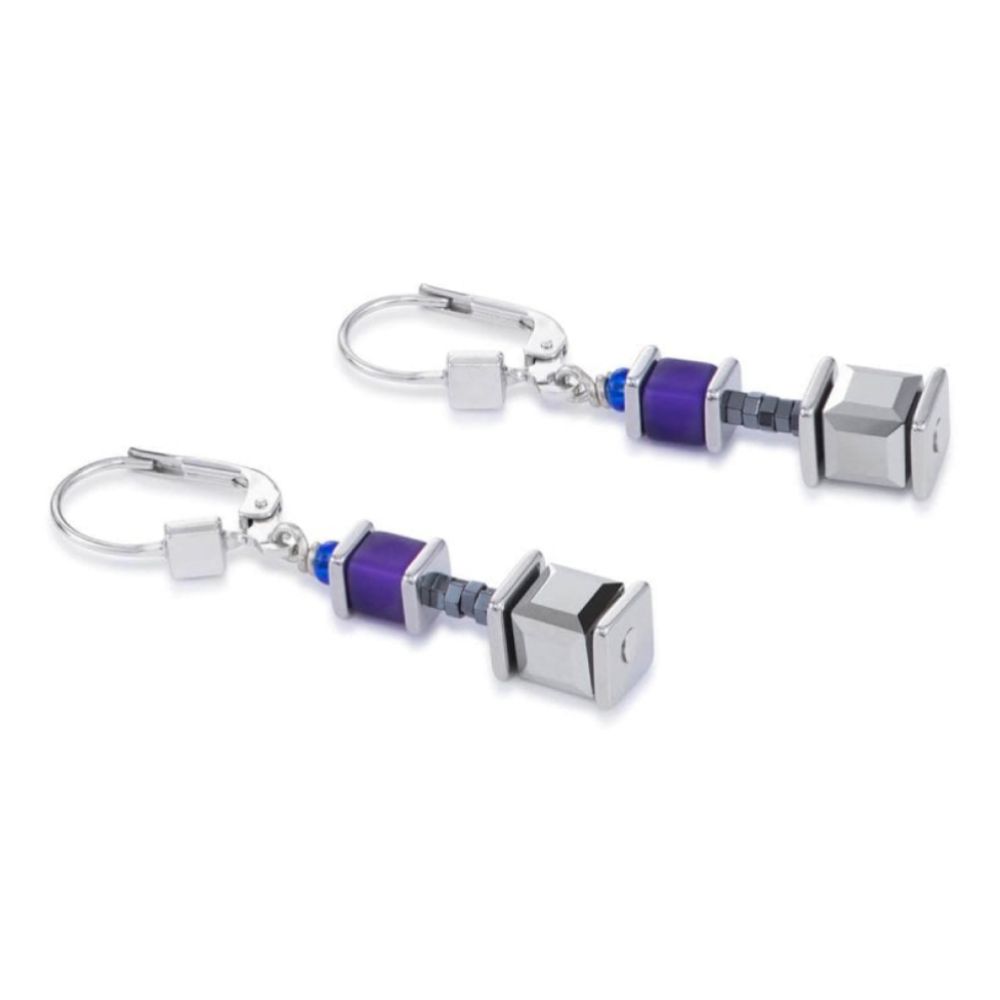 Violet-Blue Geo Cube & Stainless Steel Pierced Earrings