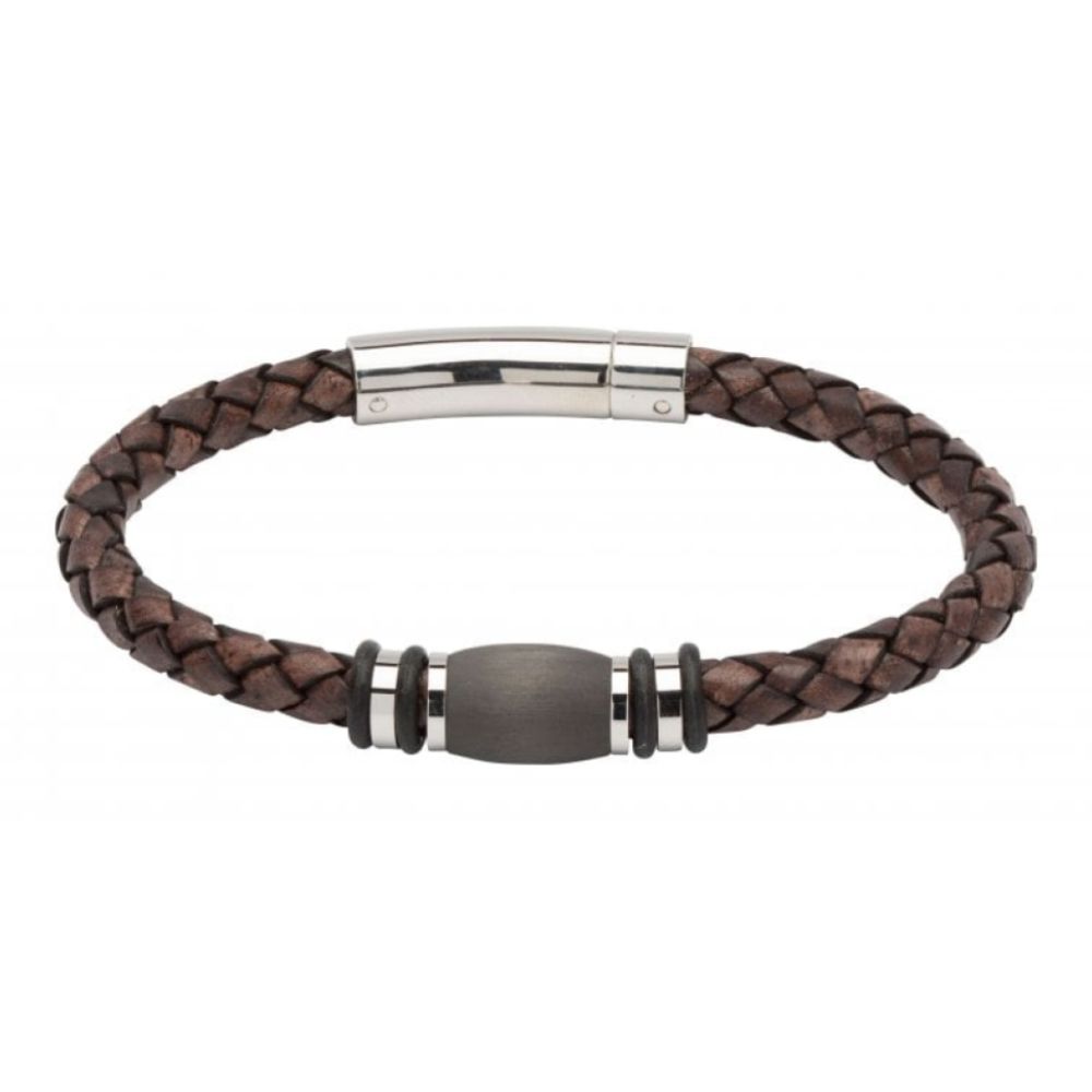 Anti.Dark Brown Leather Brac. With Steel Ele.And Carbon Fiber