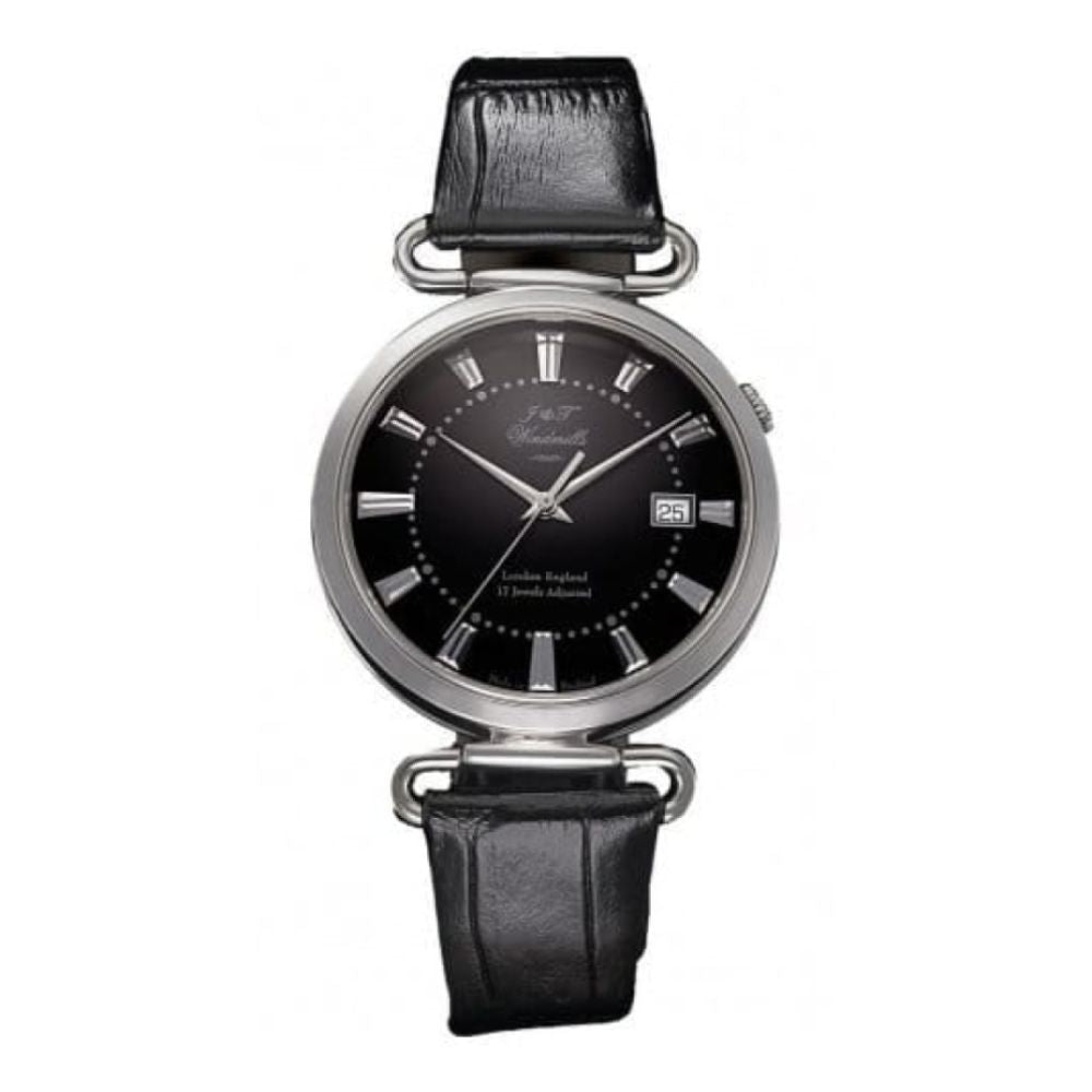 Gents Black Leather & Silver English 17 Jewels Mechanical Watch