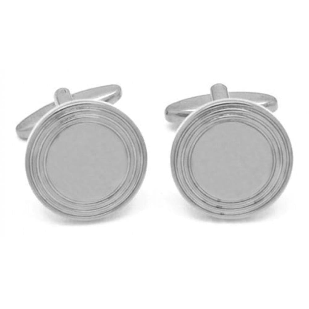 Round Silver Tone Cufflink With Lines On Edge