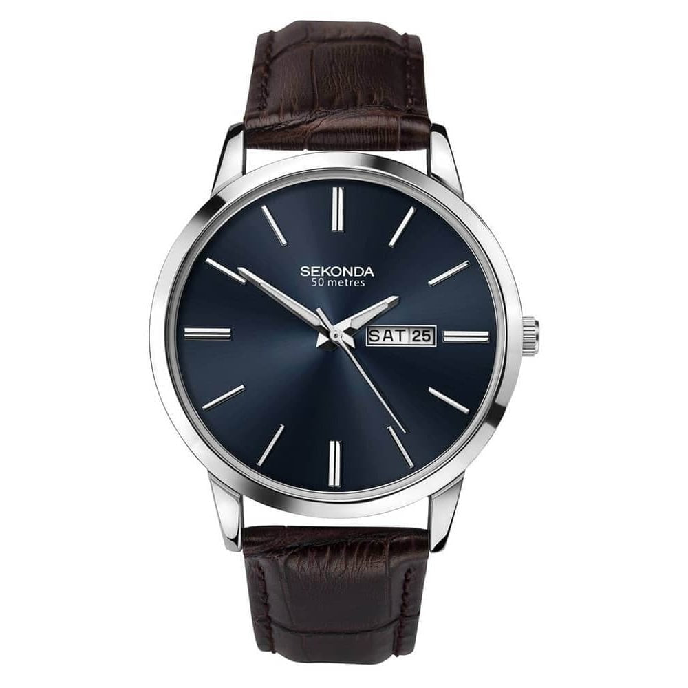 Stainless Steel Case With Blue Dial, Day/Date Window & Brown Leather Strap Gents Watch