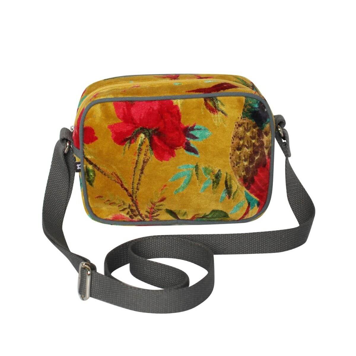 Printed Mustard Velvet Camera Bag