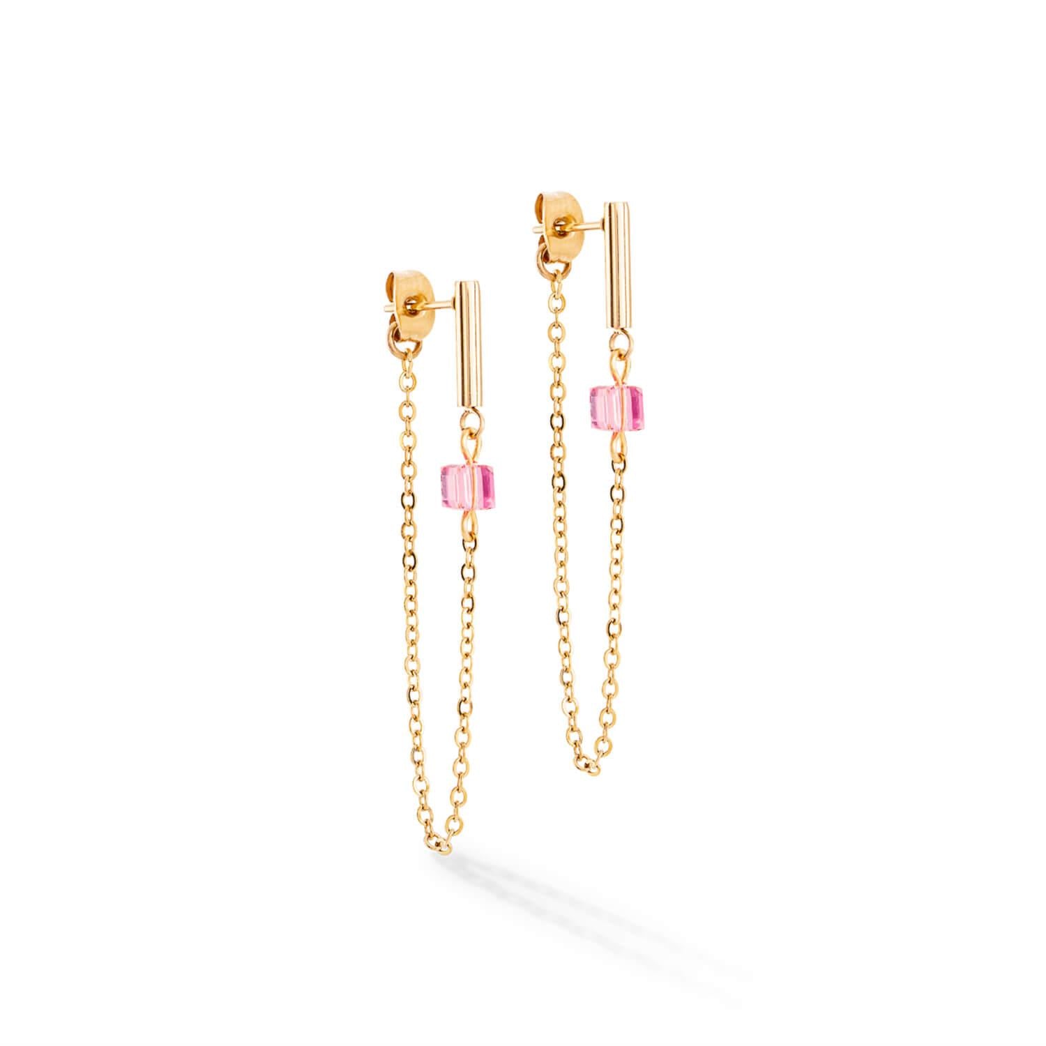 Mini Cubes & Chain Earrings In Rose Gold-Pink