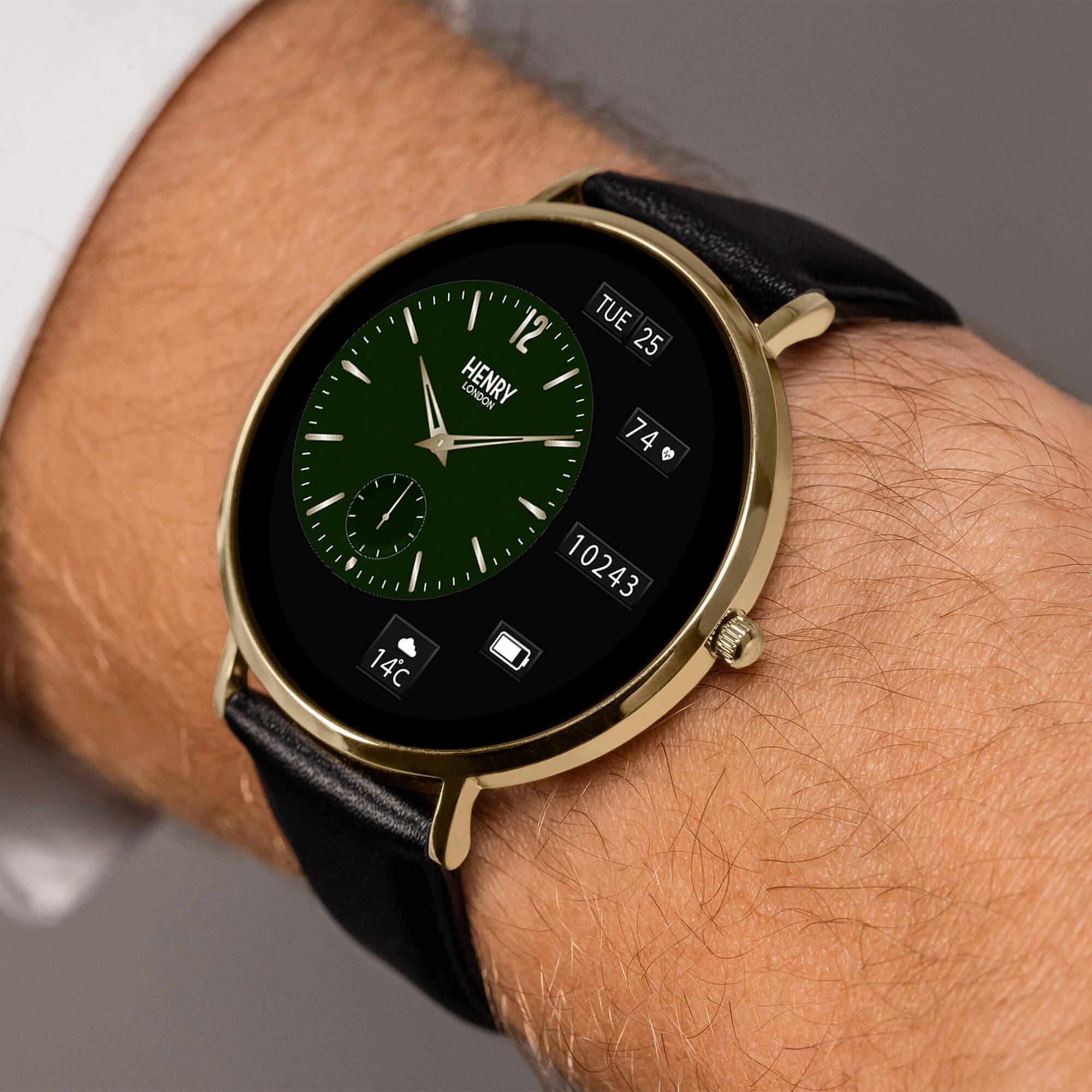 Smart Amoled Gold & Black Leather Strap Watch