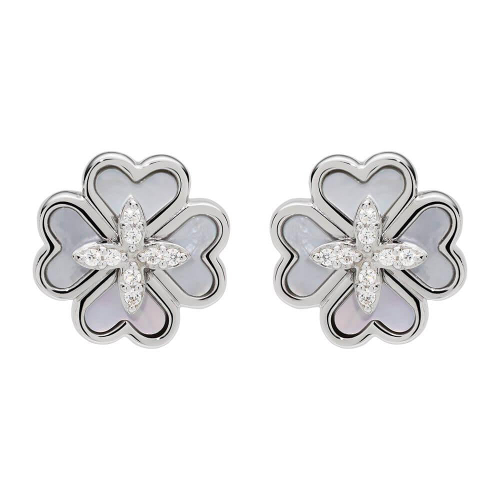 Rhodium Plating With MOP & CZ Setting Flower Stud Earrings
