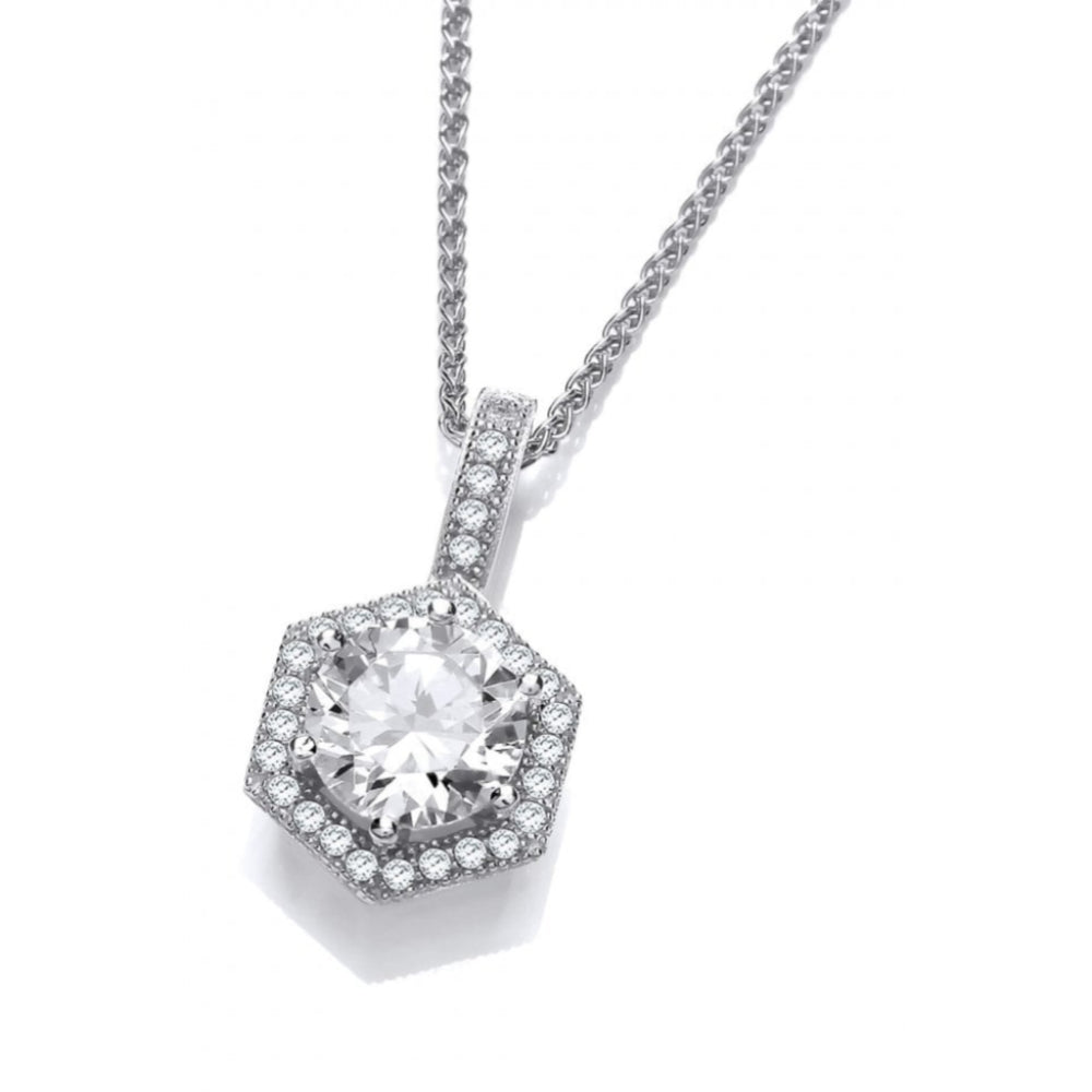 Silver Hex Micro CZ Surround Solitaire Pendant & Chain