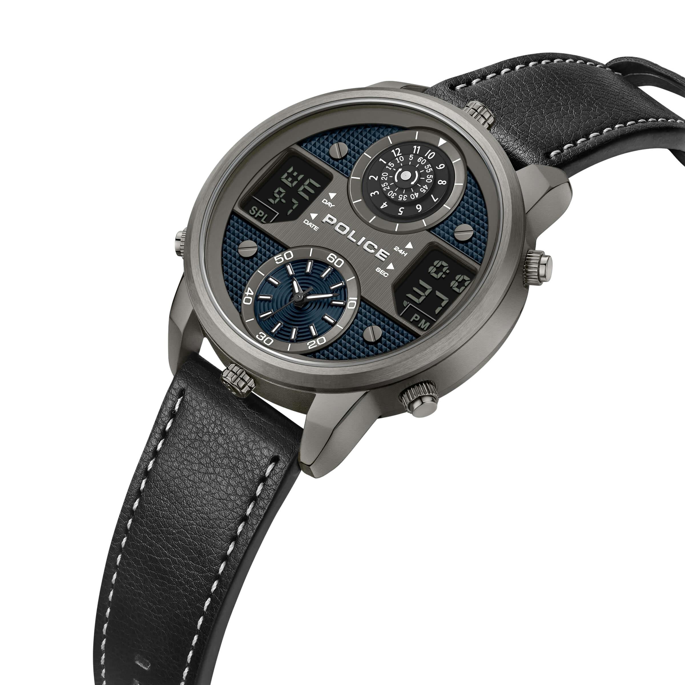 DASHER Digital Multifunction Black & Grey Hybrid Dial & Black Leather Strap Watch