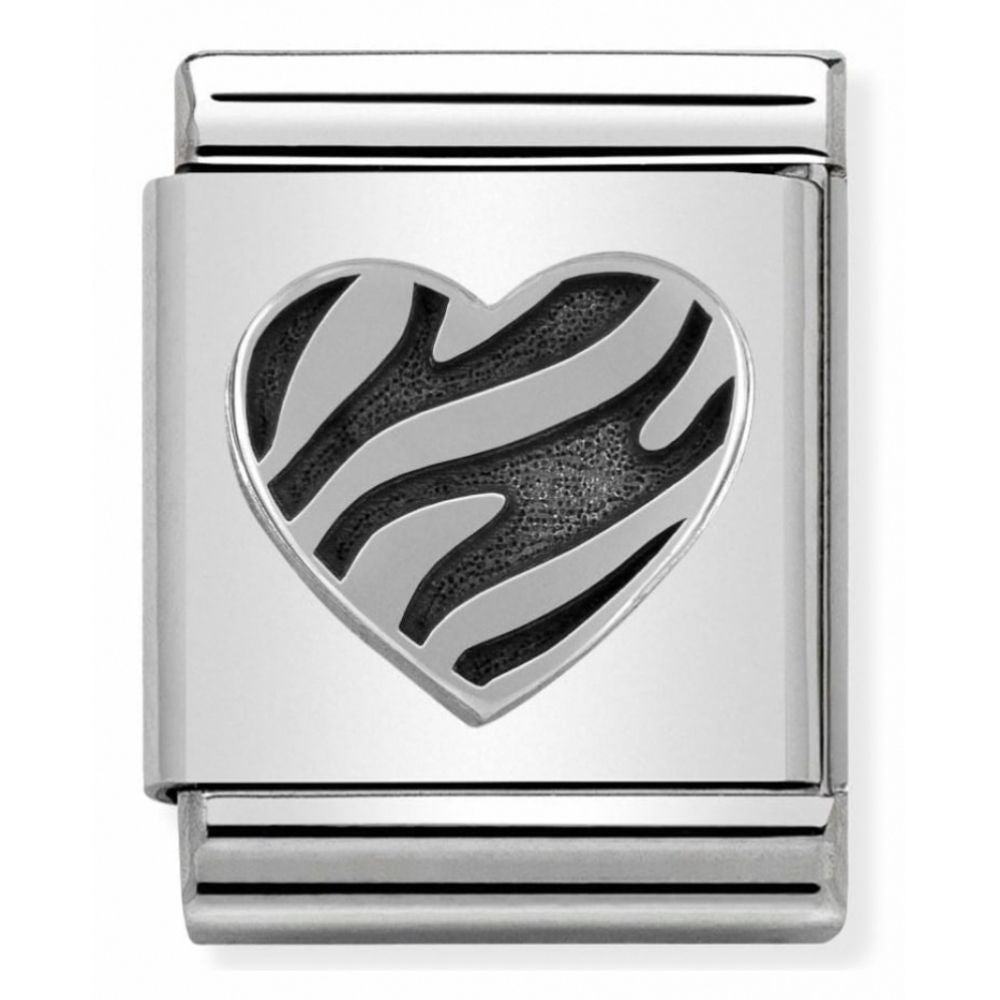 Composable Big Oxidized Stainless Steel And Sterling Silver Striped Heart Charm