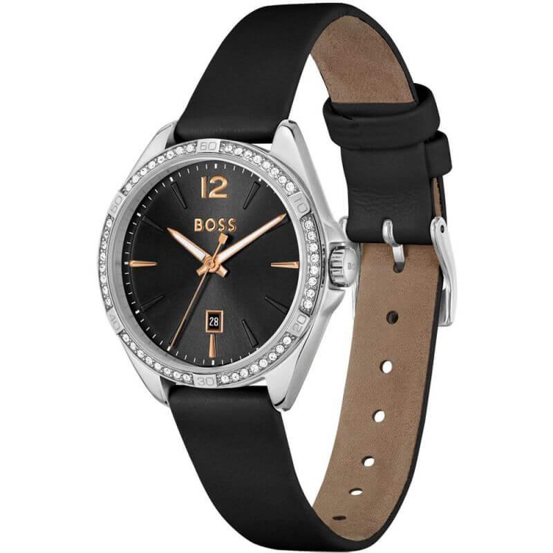 Felina Crystal Set Black Dial & Leather Strap Ladies Watch