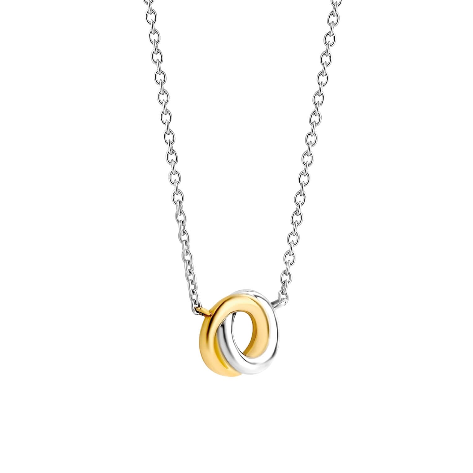 Two Tone 2 Entwined Circles CZ Pendant Necklace