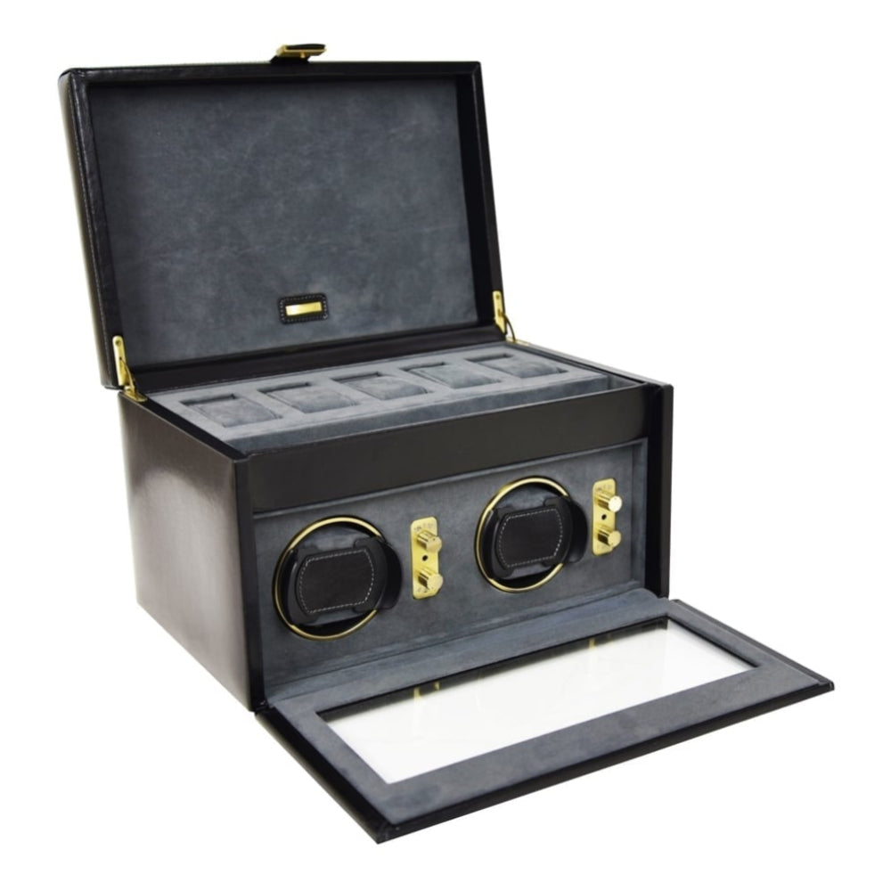 Black Leather Double Watch Rotator And Storage Box