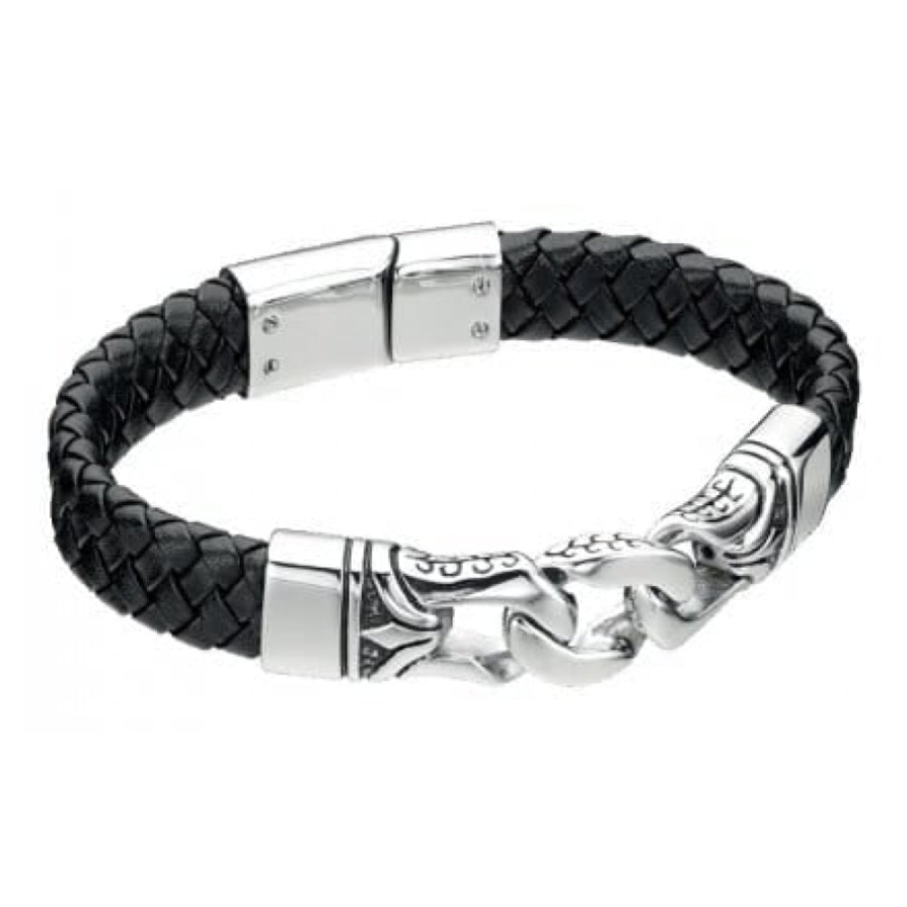 Gents Thick Plaited Leather With Large Link Clasp Bracelet
