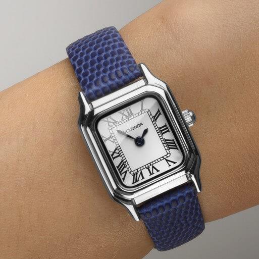 Classic Monica White Dial With Silver Case & Blue Leather Strap Ladies Watch