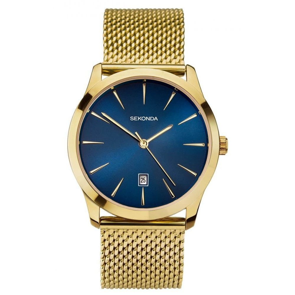 Gold Tone Case With Blue Sunray Dial & Milanese Bracelet Strap Gents Watch