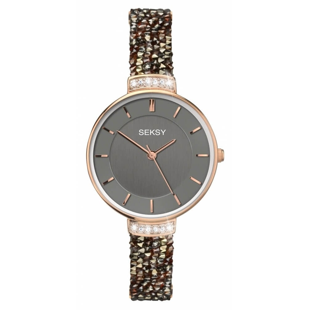Rose Gold Grey Dial & Brown Leather Strap Ladies Watch