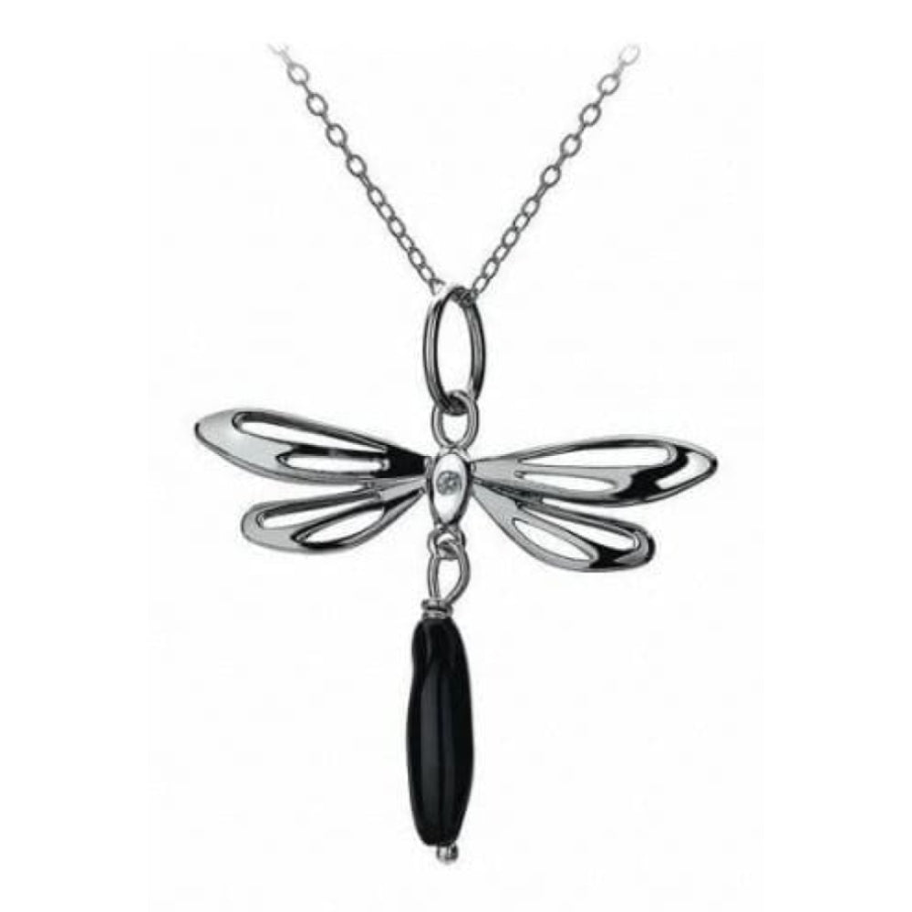 Ladies Gemstone Dragonfly Black Onyx Pendant Necklace