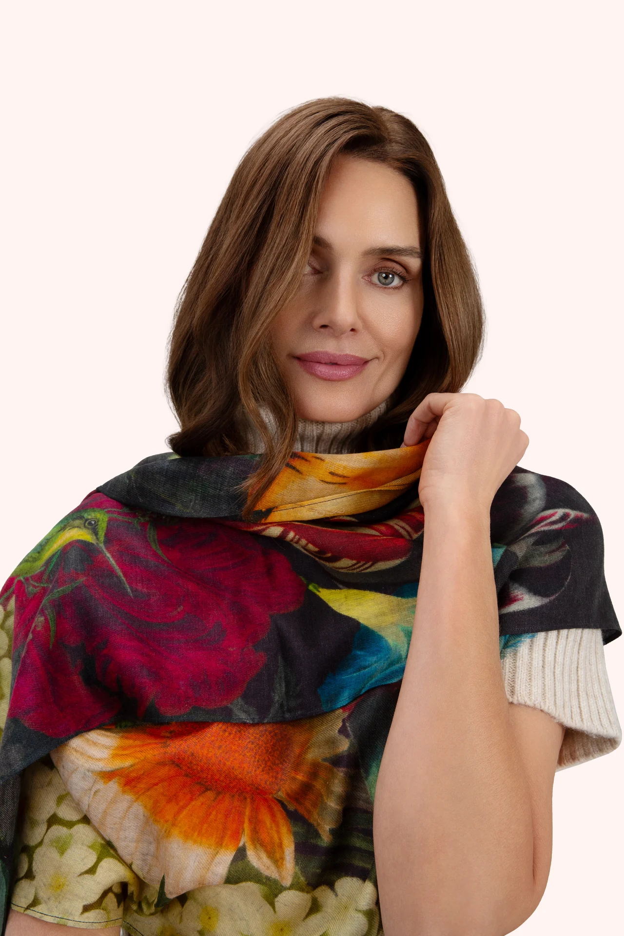 Wool Wrap Scarf - Opulant florals - Chocolate