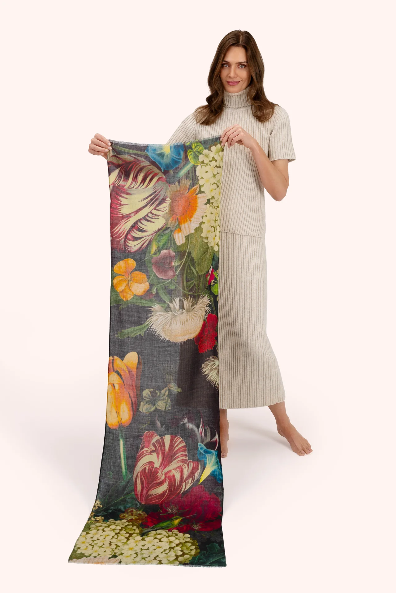 Wool Wrap Scarf - Opulant florals - Chocolate