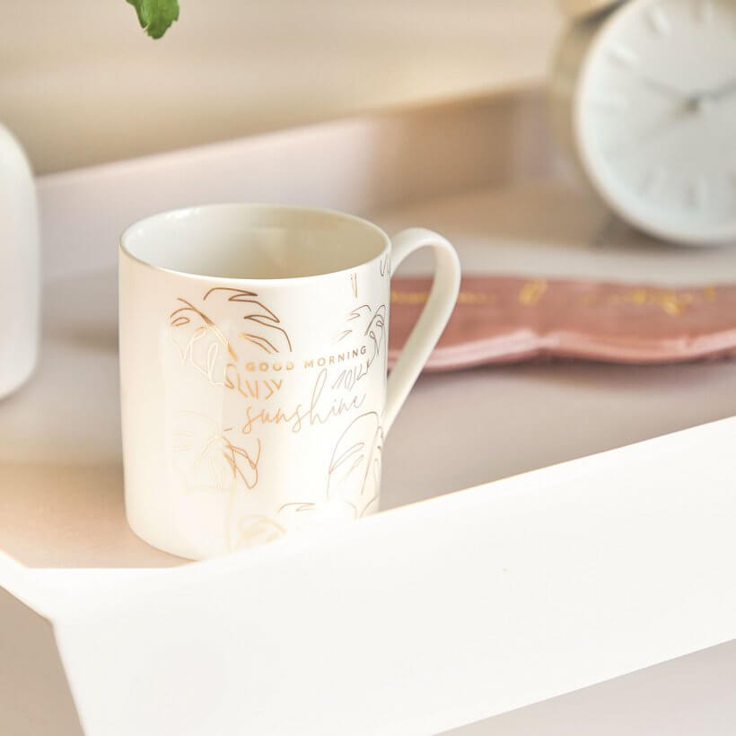 Boxed Porcelain Mug | Good Morning Sunshine | White And Gold
