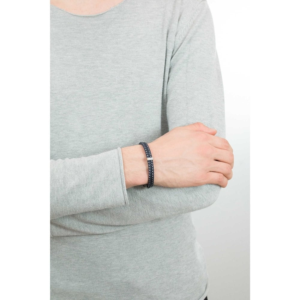 Tribe Stainless Steel, Fabric & CZ Blue Double Bracelet