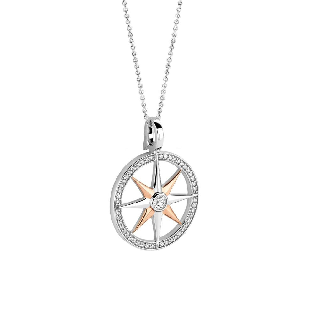 Two Tone Wind Rose CZ Pendant Necklace