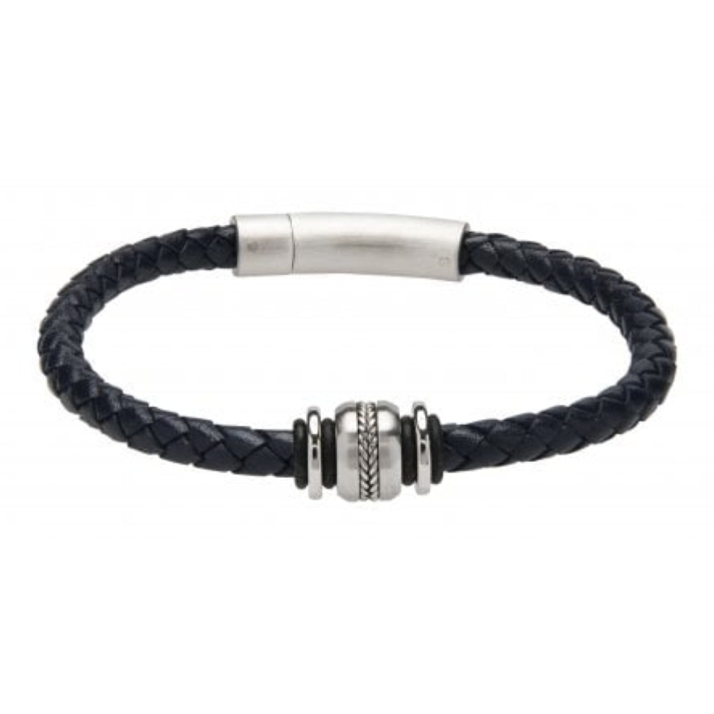 Navy Leather Bracelet-Matte Steel Clasp-Steel Elements