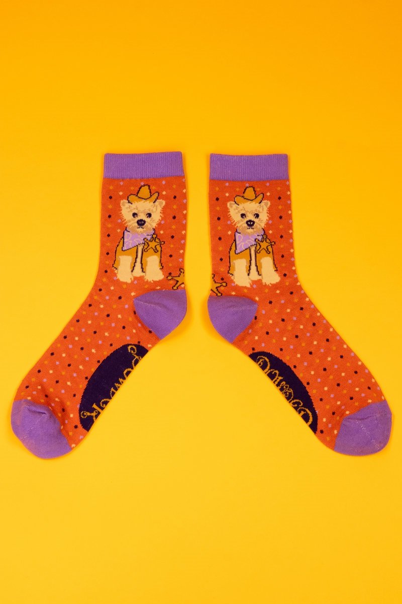 Western Westie Ankle Socks- Tangerine