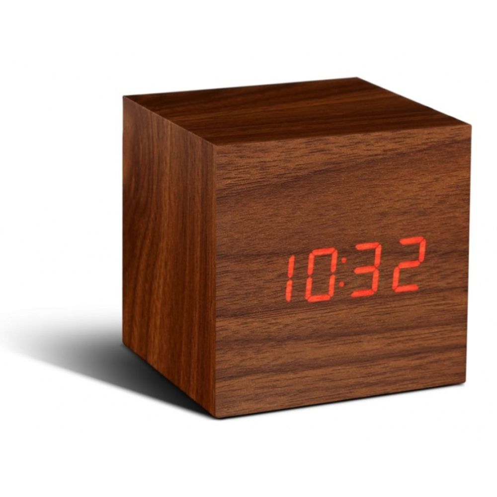 Cube Walnut Click Clock/Red LED