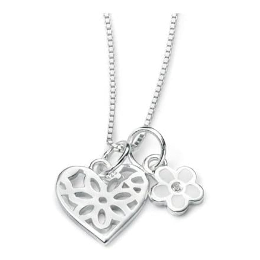 Girls Sterling Silver Filigree Heart & Flower Pendant
