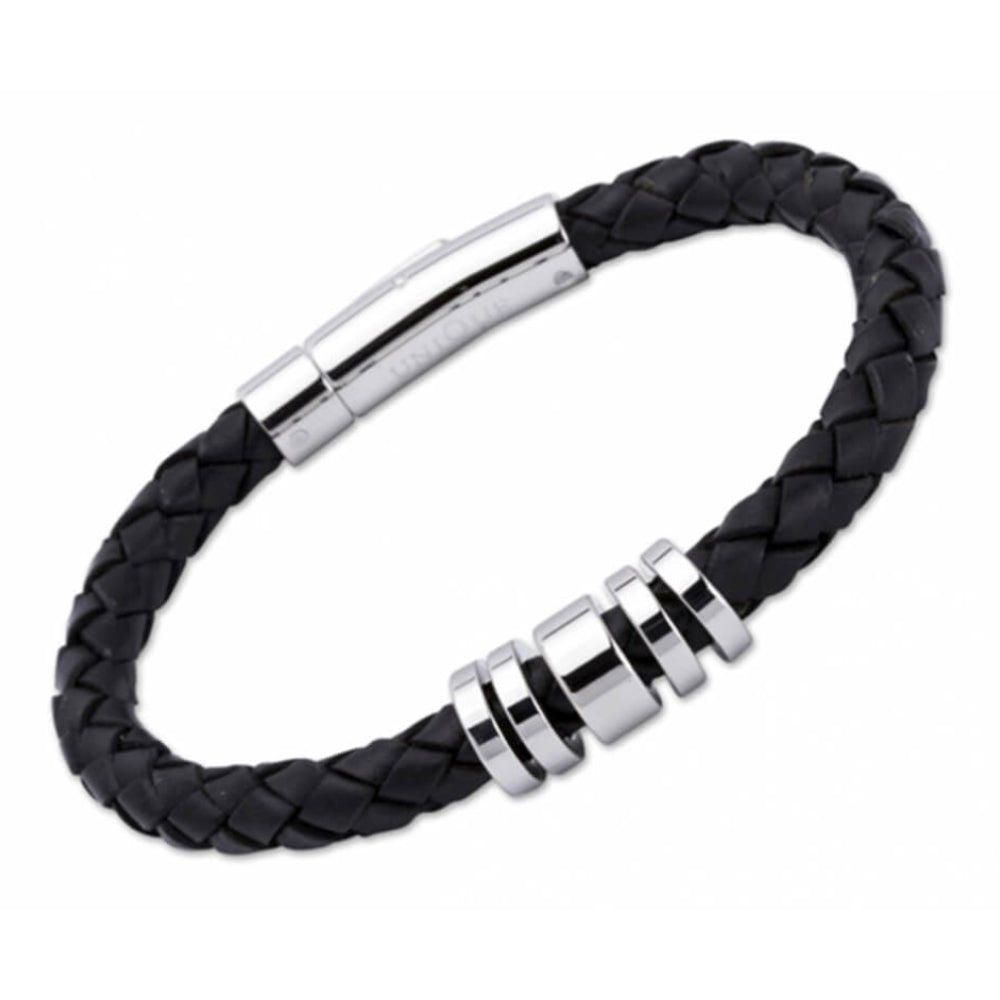 Black Leather Silver Steel Buckle and Ring Elements Bracelet
