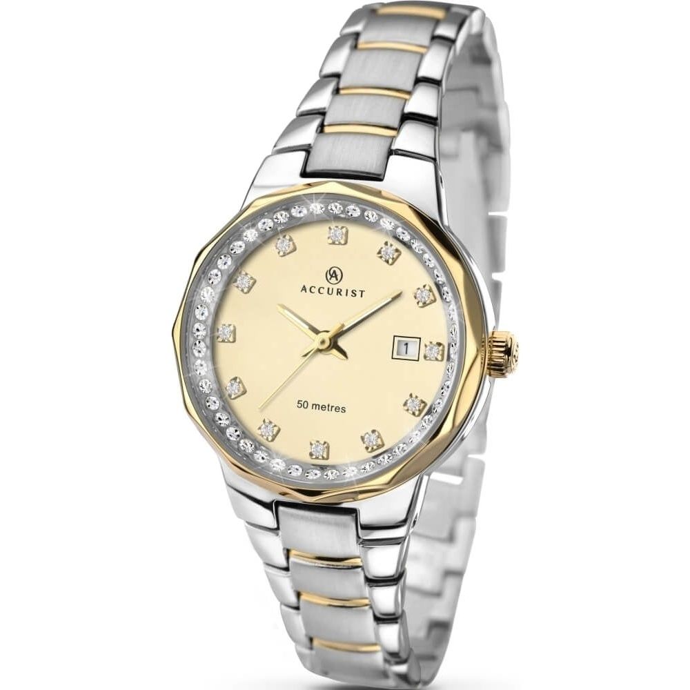 Two-Tone Ladies Bracelet Watch with Gold Dial and Crystals