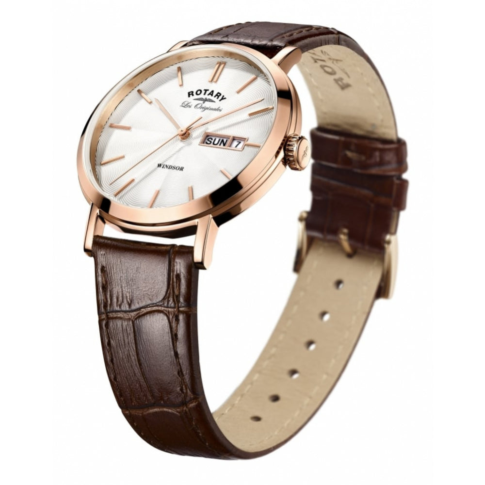 Rose Gold Brown Leather Date Display Watch