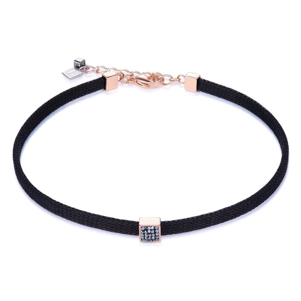 Black Leather Necklace With Rose Gold Tone Element & Pave Set Crystals