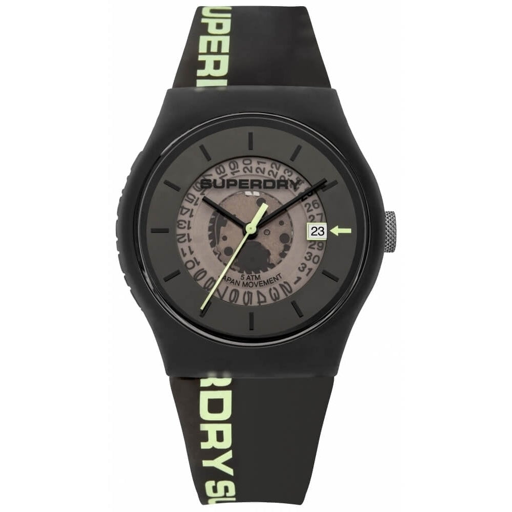 Urban Semi Opaque Black Semi Transparent With Pale Green Luminous Printed Logo Silicone Strap Watch With Transparent Black With Visible Movement Dial