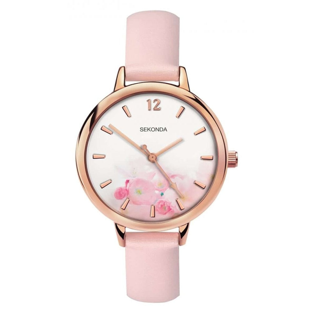 Rose Gold Plated Case With White Dial & Pink PU Strap Ladies Watch