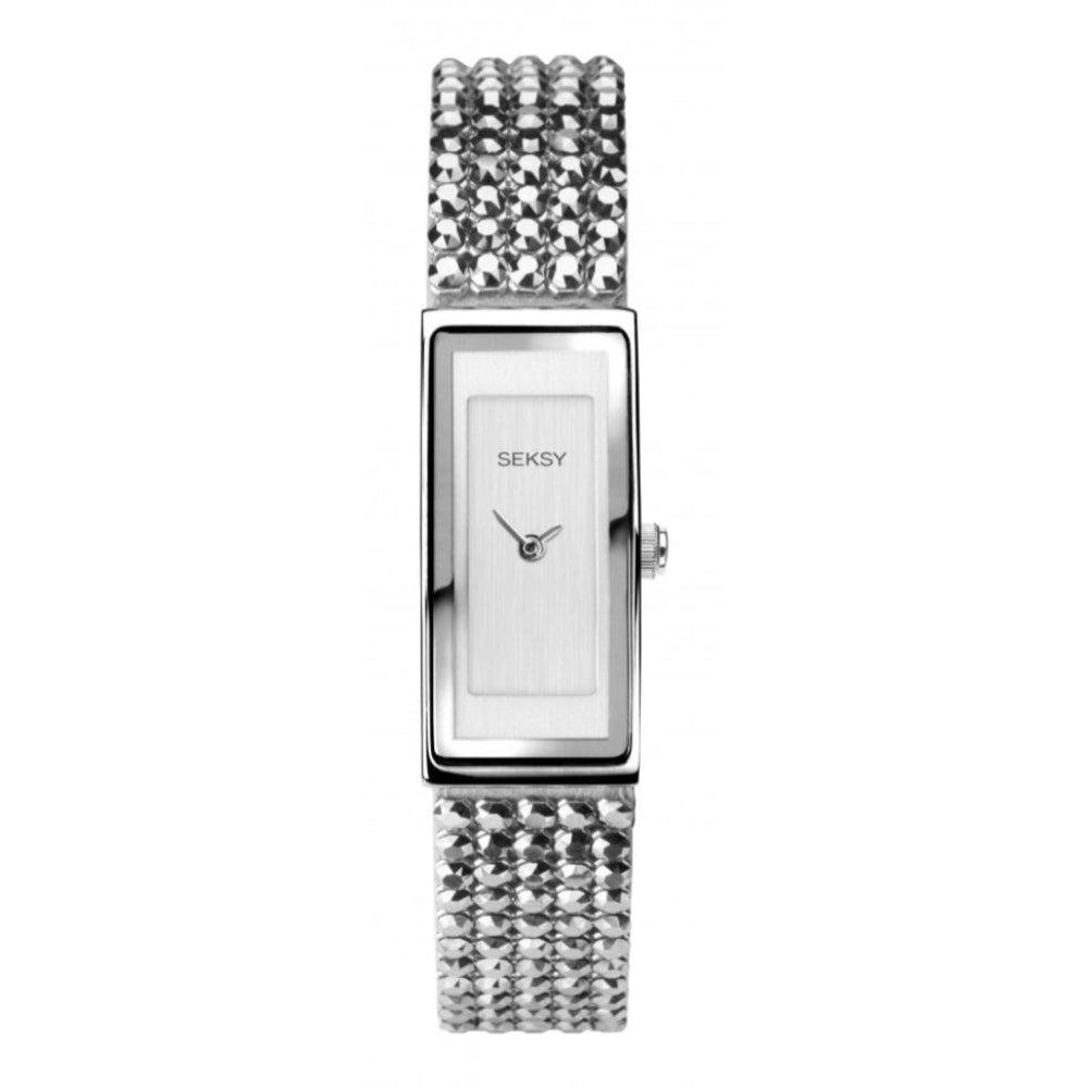 Chrome Coloured Case With Silver Dial & Stone Setting Metallic Strap Ladies Watch