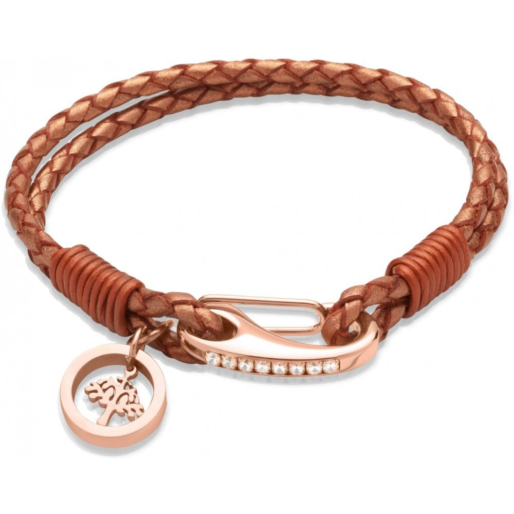 Copper Leather Bracelet - Rose Gold Steel /CZ Clasp - Tree Charm