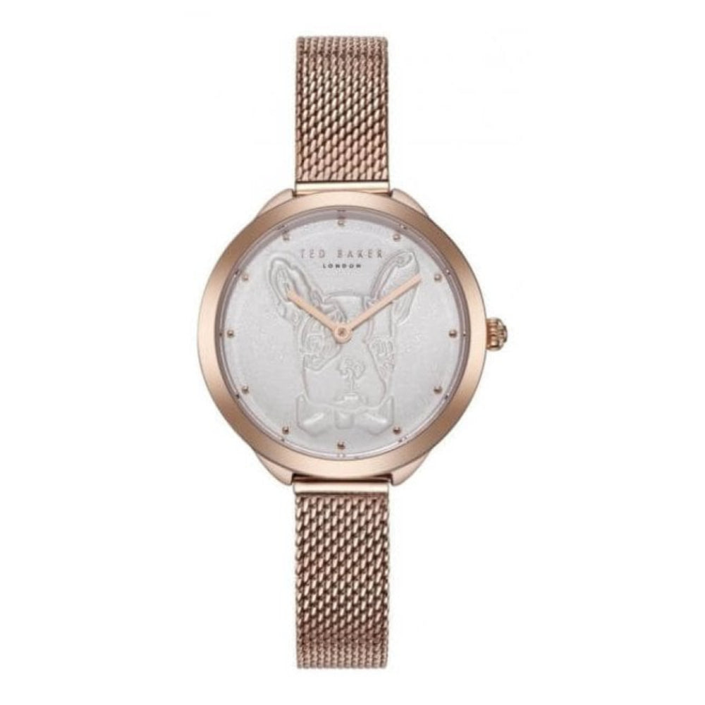 Rose Gold Plated Case With White Dog Print Dial & Mesh Strap Ladies Watch