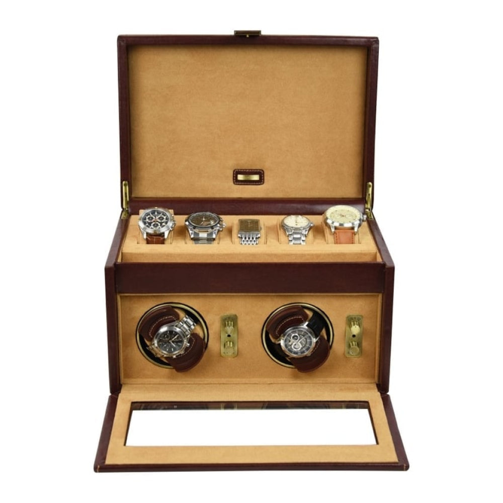 Brown Leather Double Watch Rotator And Storage Box