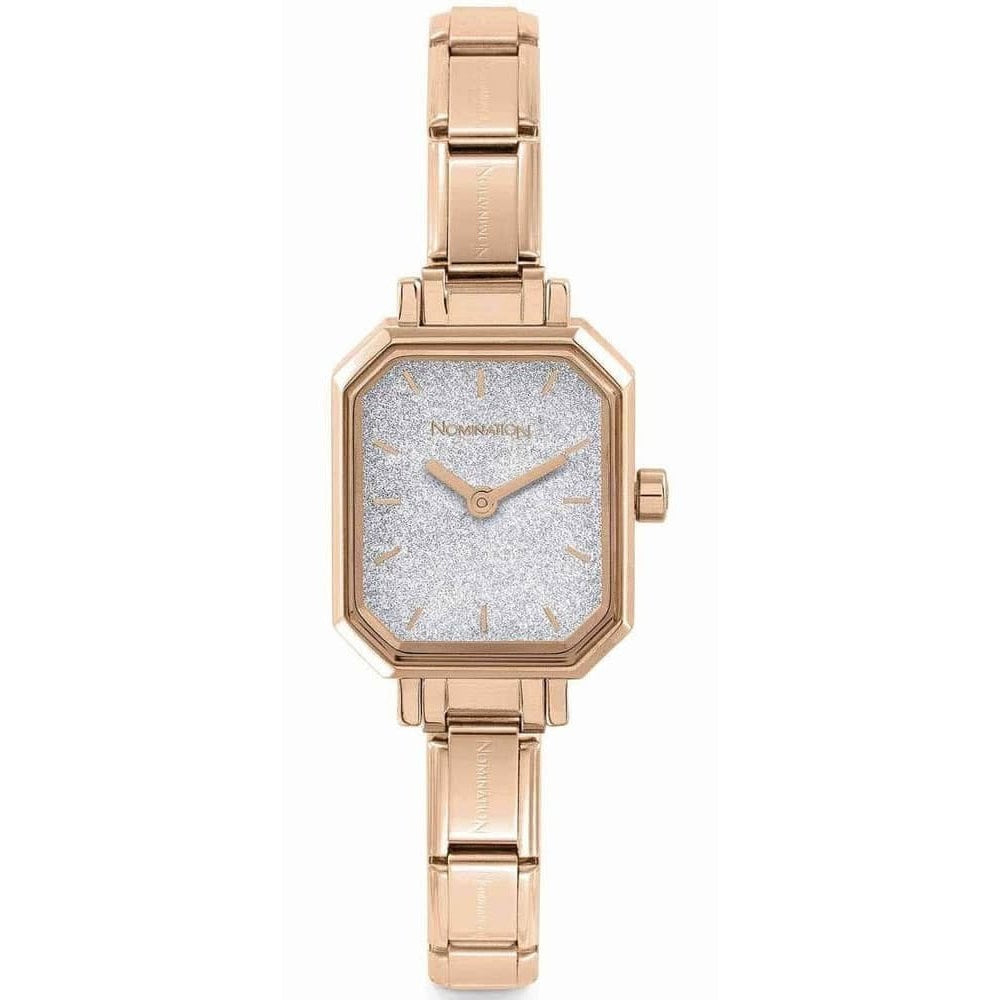 Paris Classic Rose Gold Tone Rectangle Silver Glitter Dial Ladies Watch