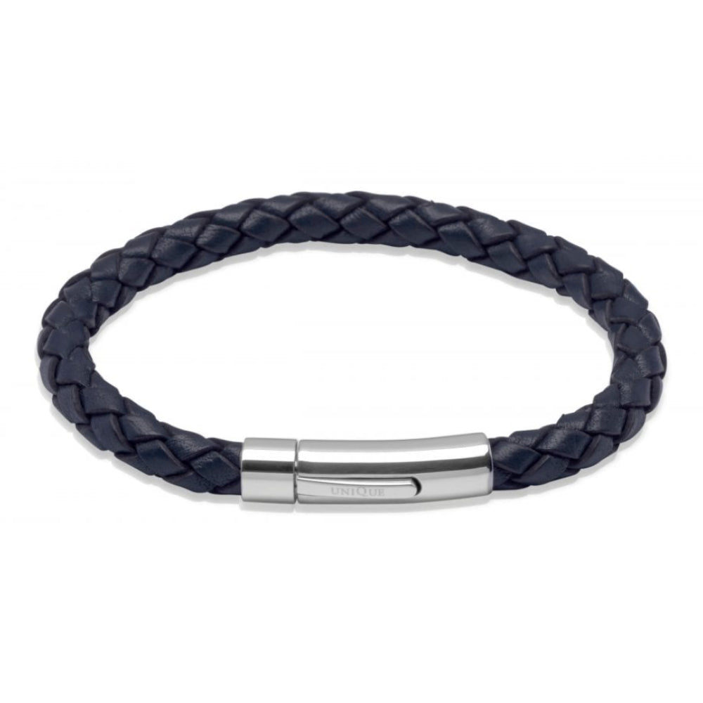 Navy Blue Leather Bracelet With Stainless Steel Clasp