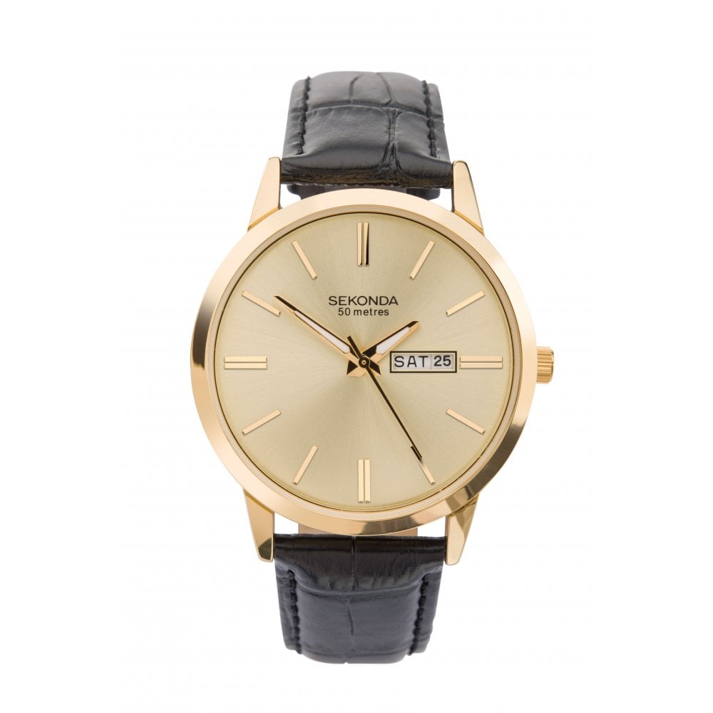 Gold Plated Sunray Dial & Black Leather Strap Gents Watch