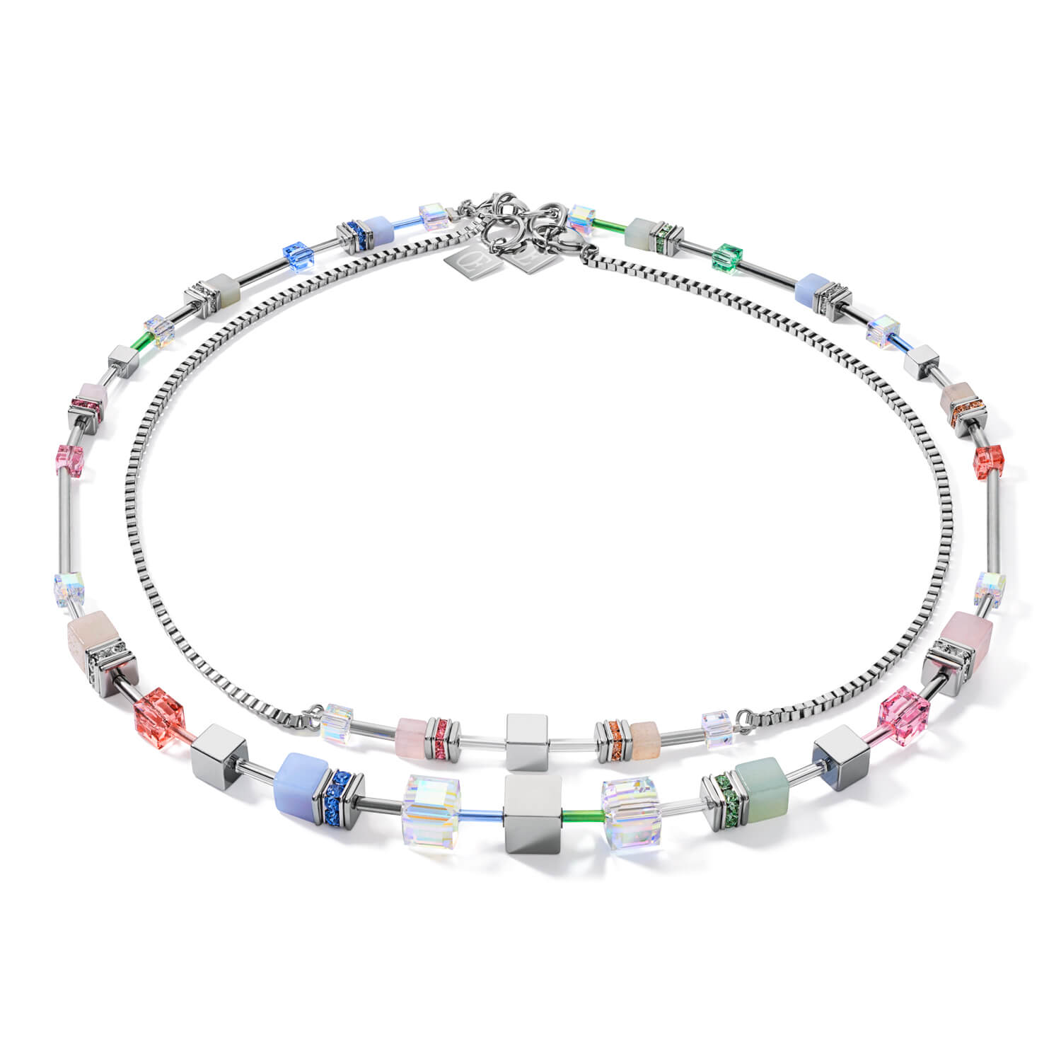 Multitask 4-in-1 Summer Multi Pastel-Silver Geo Cube Necklace