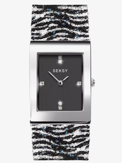 Chrome Coloured Case With Black Stone Set Dial & Zebra Print Strap Ladies Watch