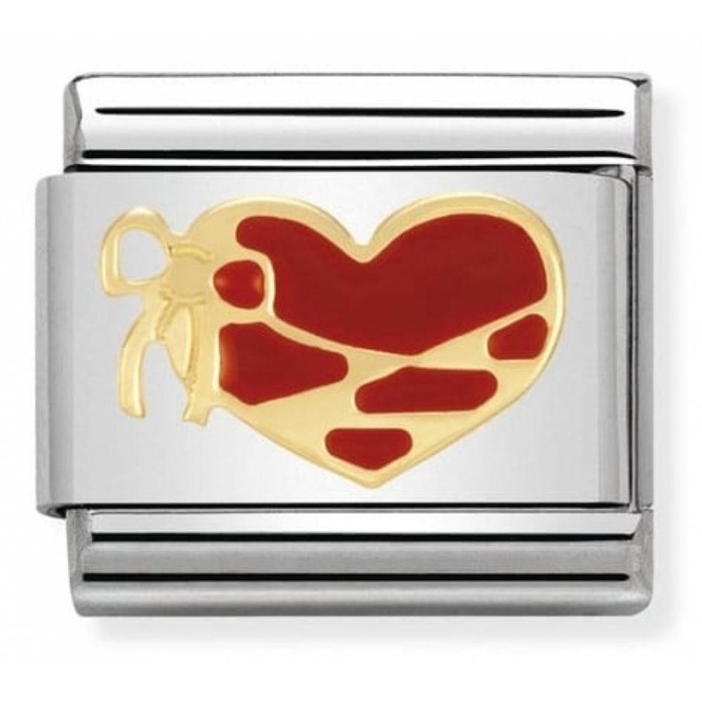 Classic RED Heart With Ribbon In Stainless Steel With Enamel & 18k Gold Charm